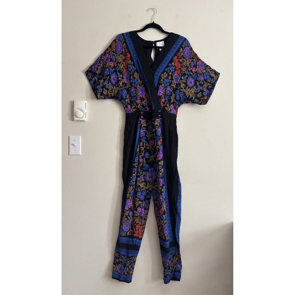ett:twa Anthropologie Jumpsuit Womens 2 Black Floral Scarf Print V-Neck Tapered